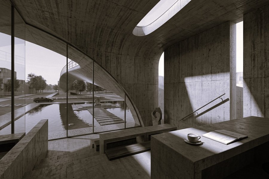 Concrete and timber pavilion in a pine forest, reflecting pool