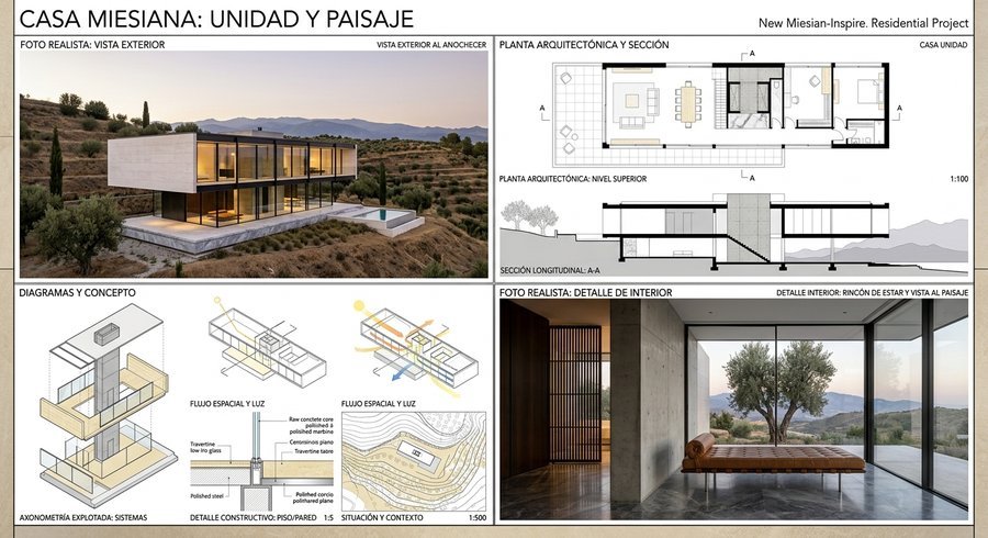 Casa Miesiana, unidad y paisaje, competition board